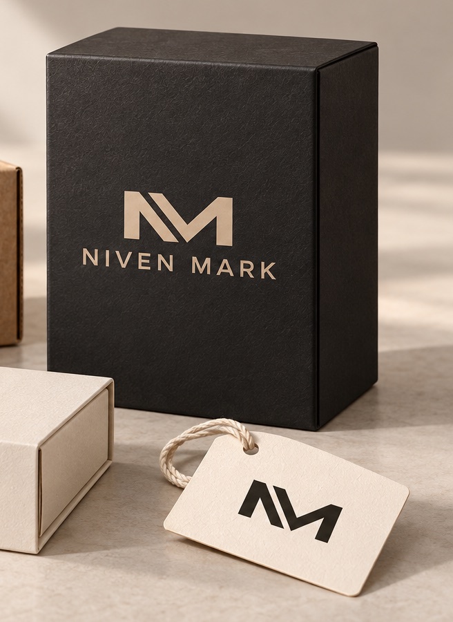 Detalle del cartón rígido carbón con el logotipo Niven Mark en champaña y la etiqueta colgante con el monograma.